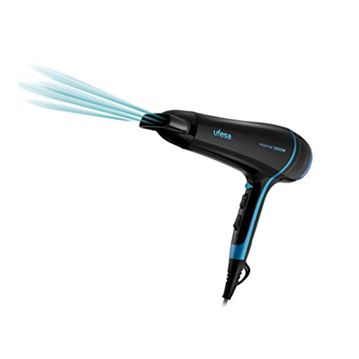 Asciugacapelli Ufesa nero e blu. Ha un ugello ed emette getti d'aria blu.