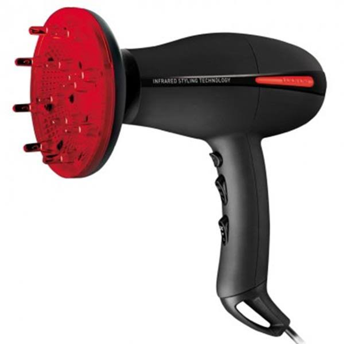 Secador de pelo negro con difusor rojo. Fondo blanco. Texto Tecnología de peinado infrarrojo.