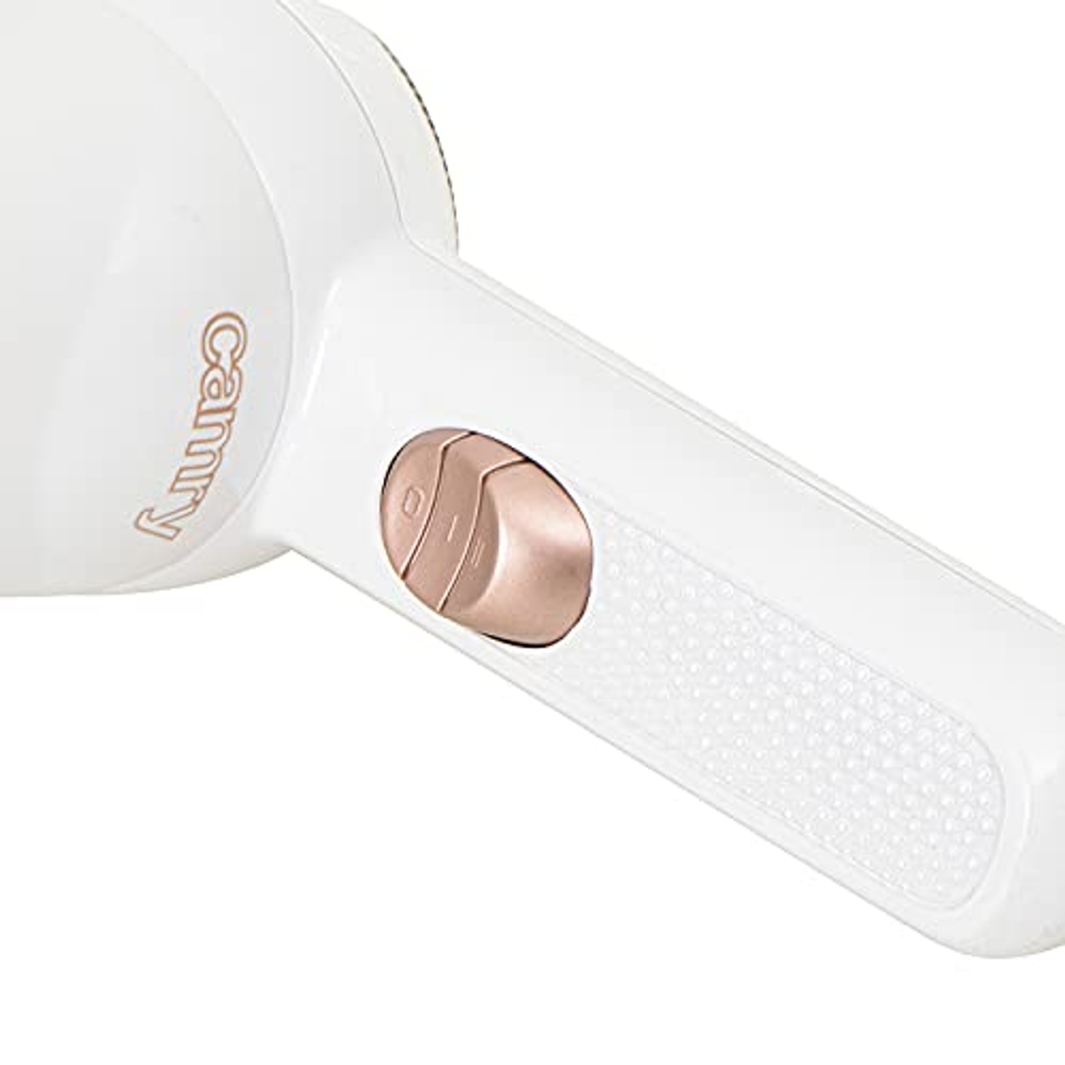 Primo piano di uno steamer elettrico Cammy bianco e oro.