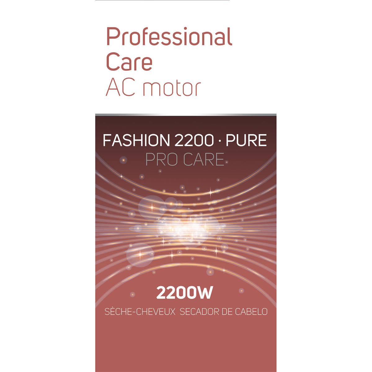 Un embalaje de producto con texto que dice 'Professional Care', 'Fashion 2200' y '2200W'.