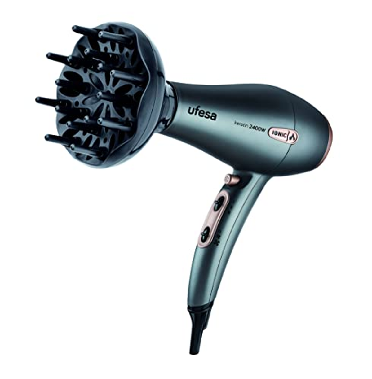 Secador de pelo Ufesa gris oscuro con difusor. Detalles oro rosa. Con tecnología iónica.