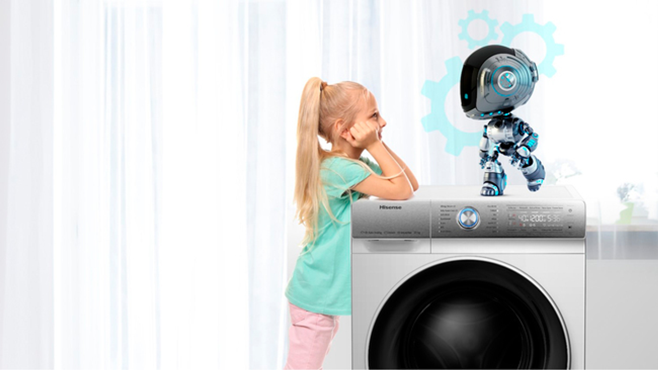 Ragazza con un robot sopra una lavatrice. Grafica di ingranaggi sullo sfondo.