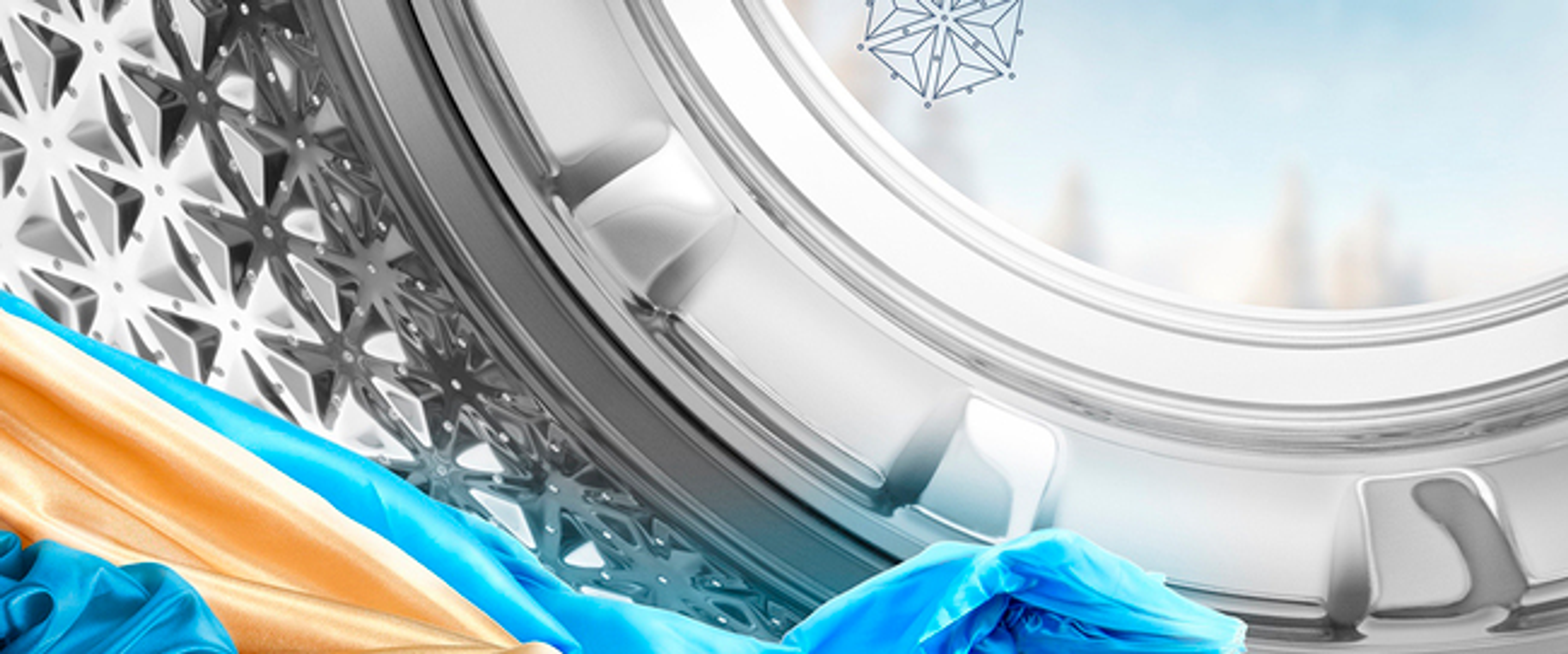 Interno di lavatrice con tessuto, nei colori blu e oro.