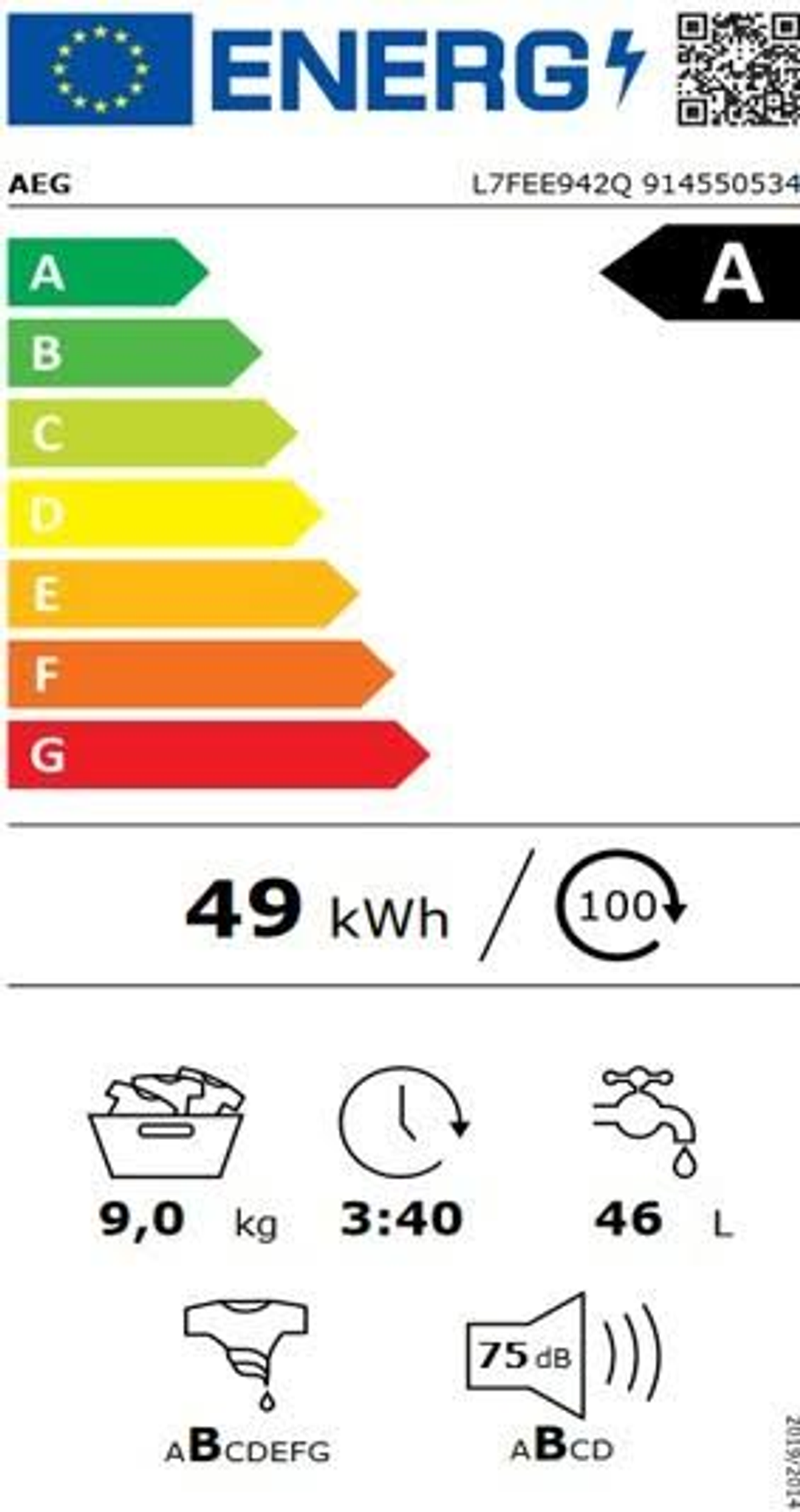 Etiqueta energética de una lavadora, mostrando la eficiencia energética.