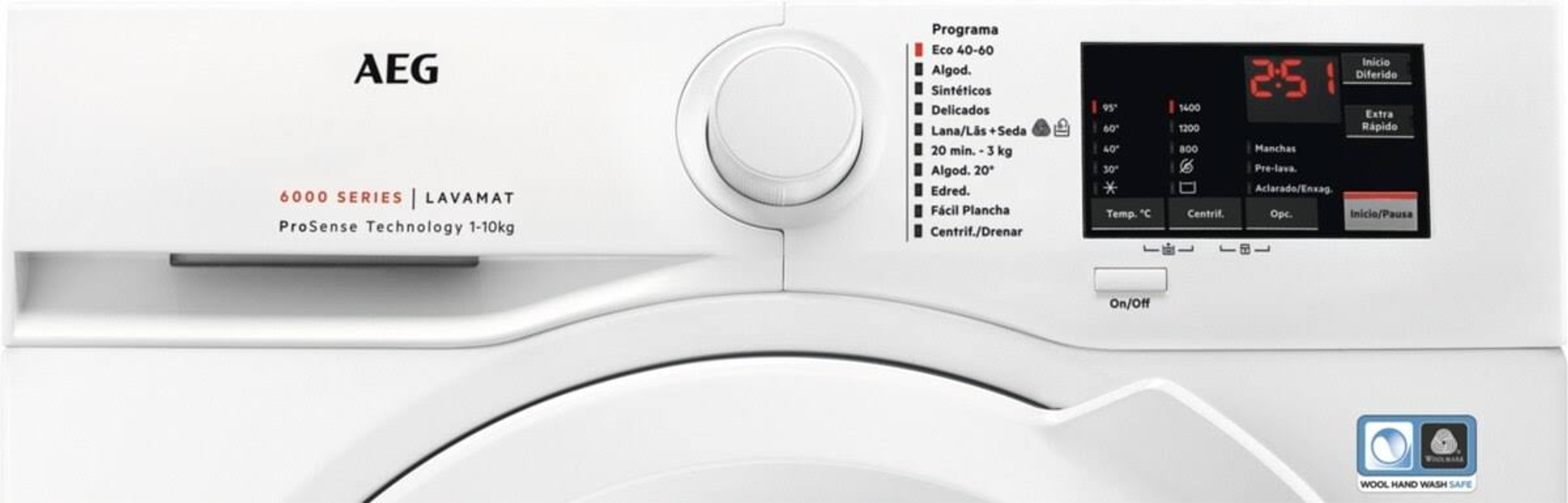 Biały panel sterowania pralki AEG Lavamat. Wyświetla timer, opcje programu i ustawienia.