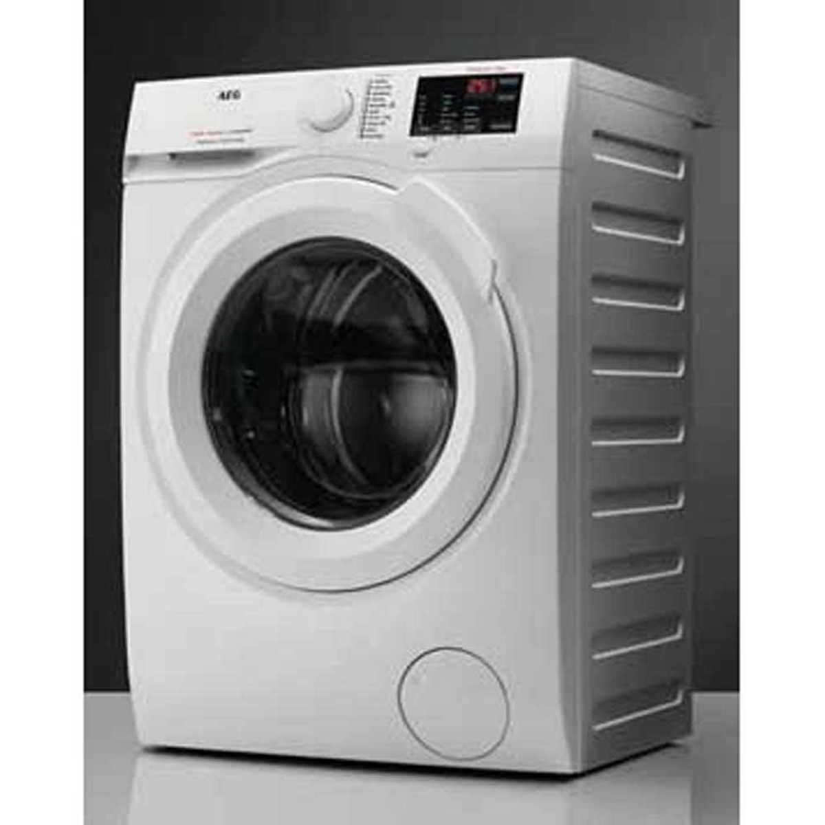 Biała pralka AEG. Z przodu drzwi i panel sterowania.