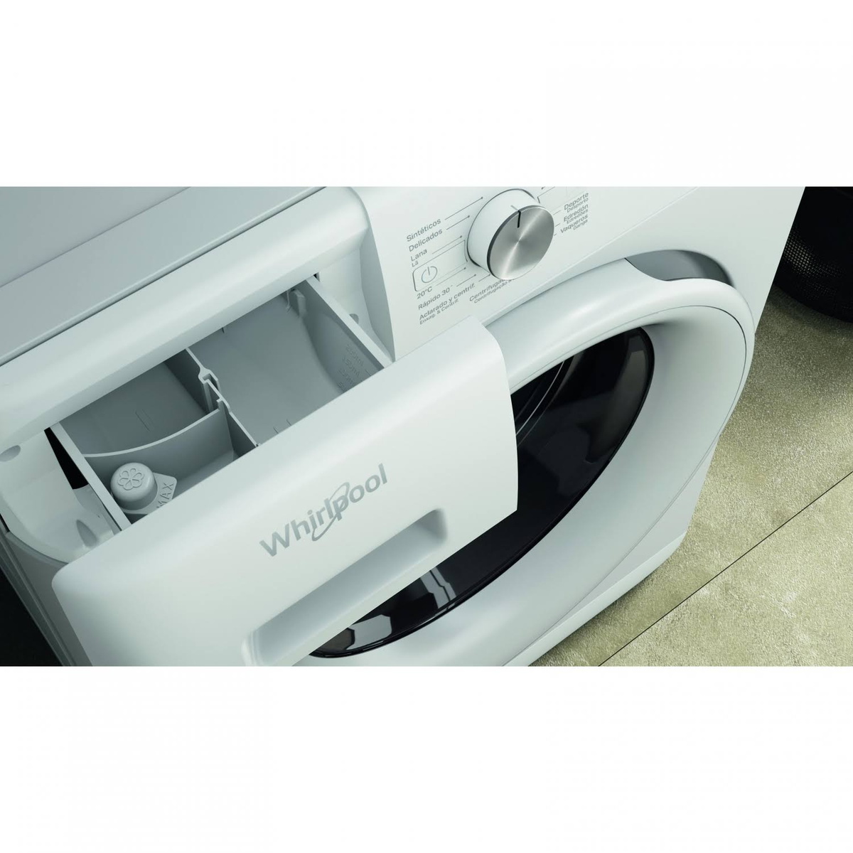 Lavadora Whirlpool blanca con cajón de detergente abierto, mostrando detergente y controles.