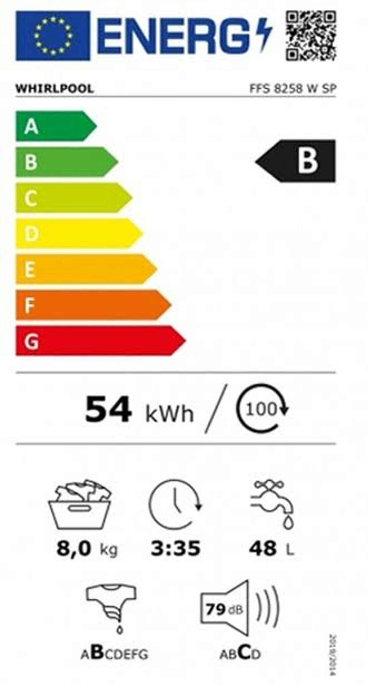 Etiqueta energética para lavadora Whirlpool, mostrando detalles de eficiencia energética.