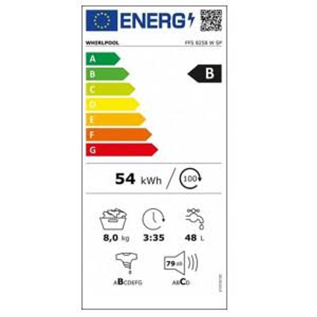 Etiqueta energética para una lavadora, mostrando la eficiencia y detalles.