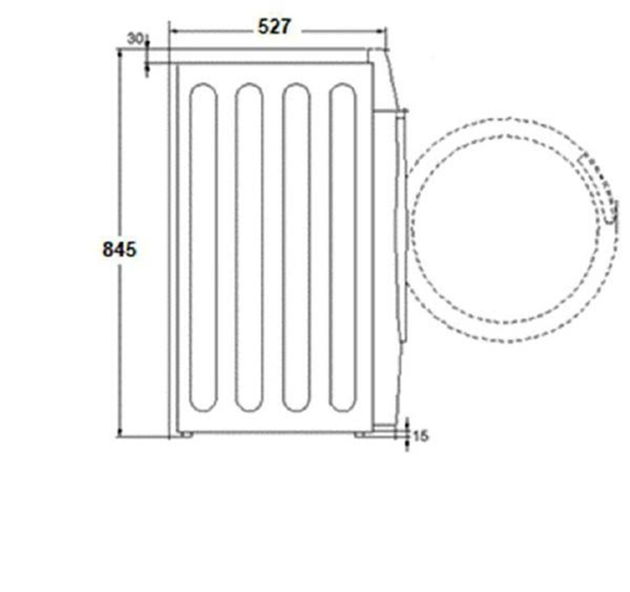 Un dibujo técnico de una lavadora, que muestra dimensiones y un contorno de la vista lateral.