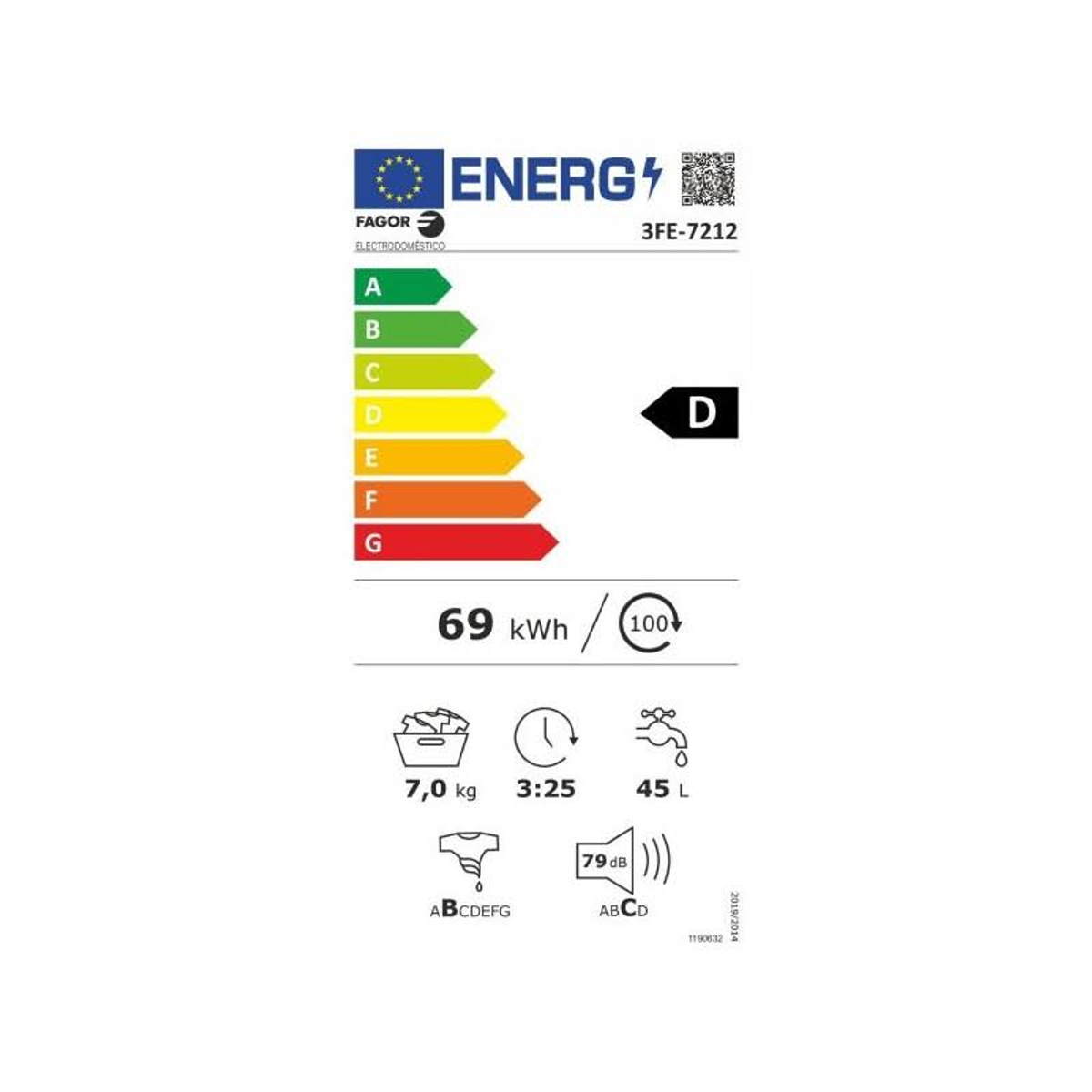Etiqueta energética de lavadora con clasificación D e iconos variados.