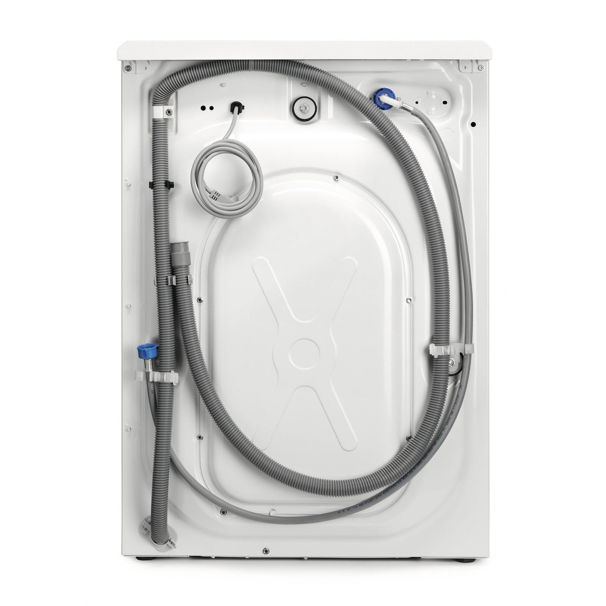 Parte trasera de una lavadora blanca. Mangueras y cables son visibles.