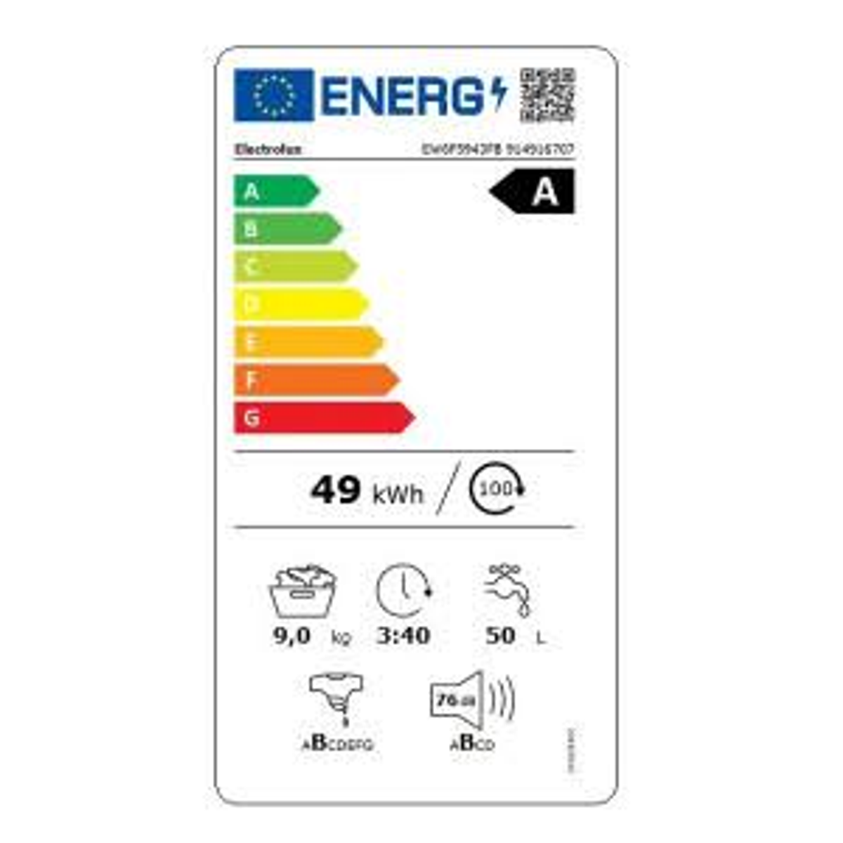 Etiqueta energética para una lavadora. Muestra varios detalles sobre eficiencia energética.