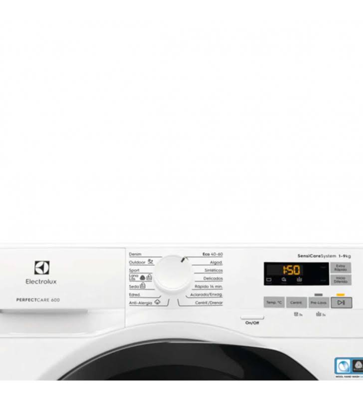 Lavadora Electrolux, blanca con puerta negra. Panel de control visible.