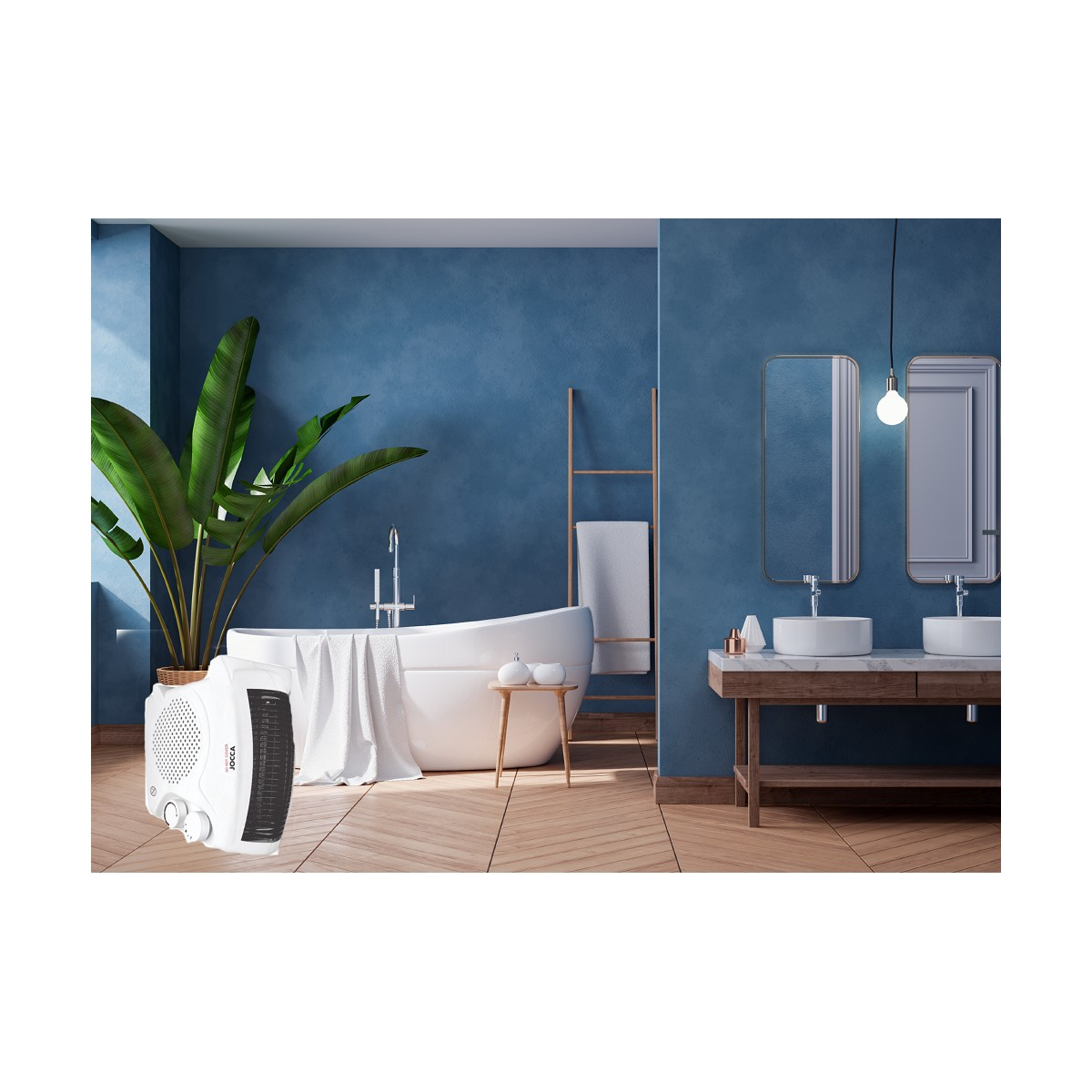 Un baño con bañera blanca, plantas y un calentador. Se ven un espejo y un lavabo.