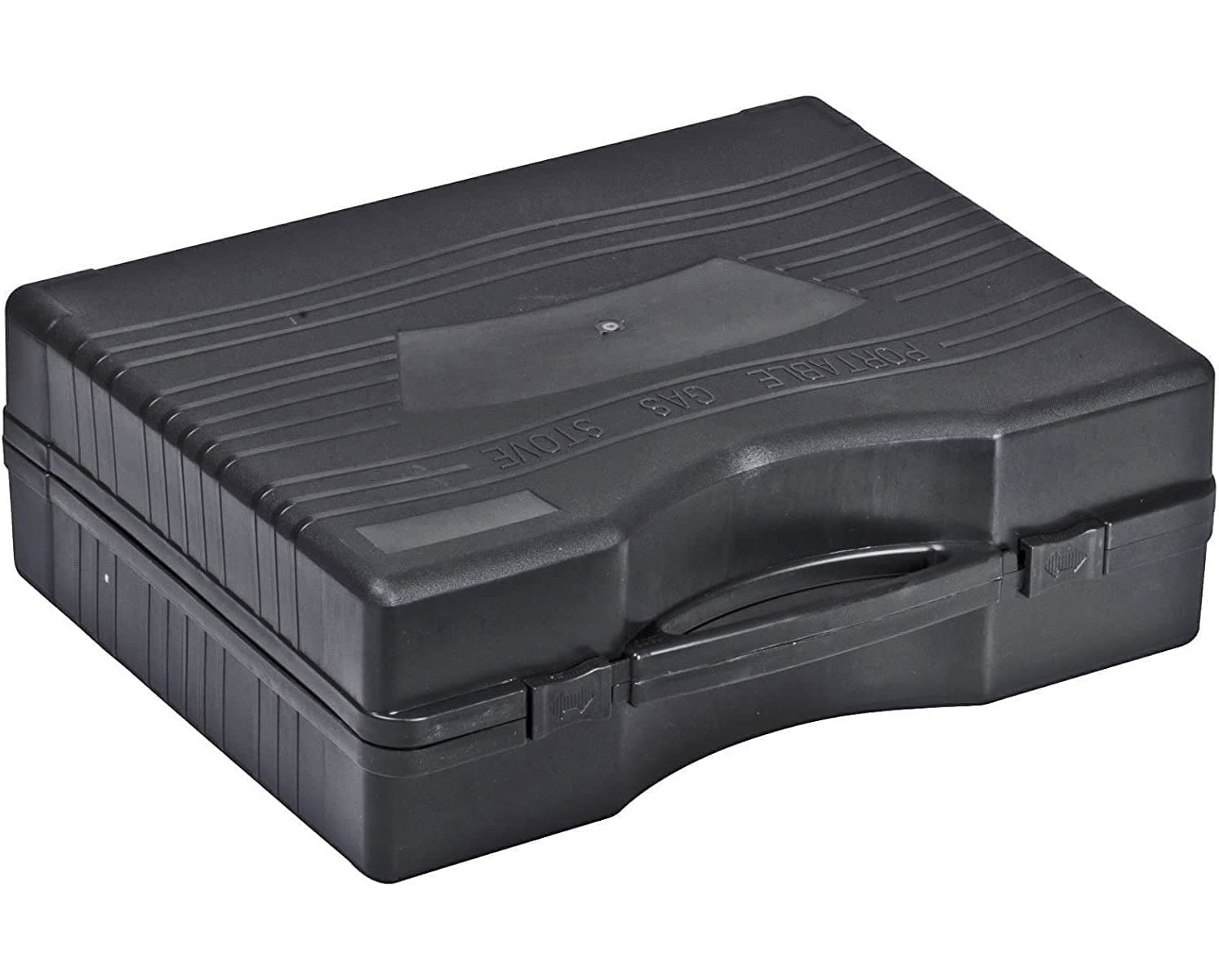 Eine schwarze, rechteckige Tragetasche für einen Gasherd. Der Text 'PORTABLE GAS STOVE' steht auf der Tasche.