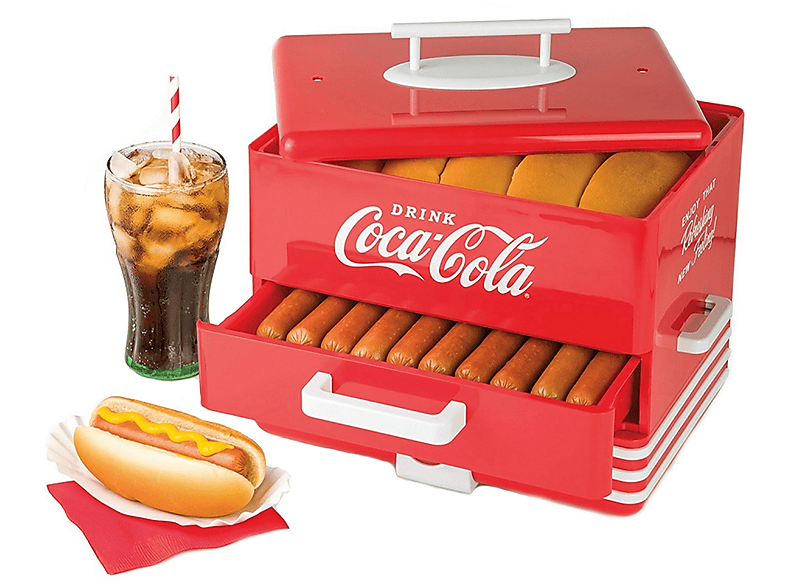 COCA-COLA Salco Coca-Cola HotDog Maker,SHD-80CC, für 24 Würstchen und 12 Brötchen Hotdog Steamer rot (600 Watt)