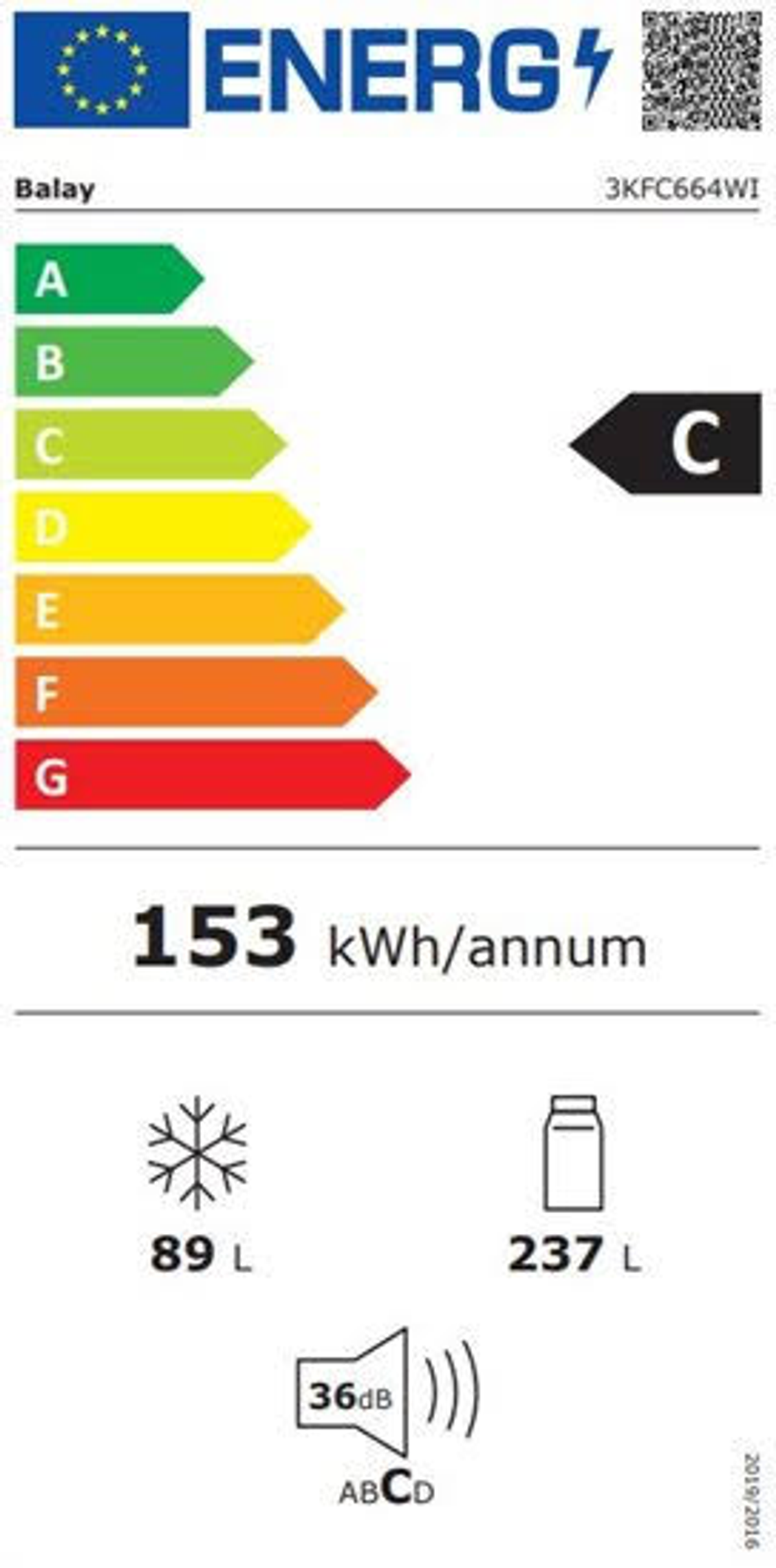 Etiqueta energética para un refrigerador Balay. Muestra la clase C de eficiencia energética y consumo.