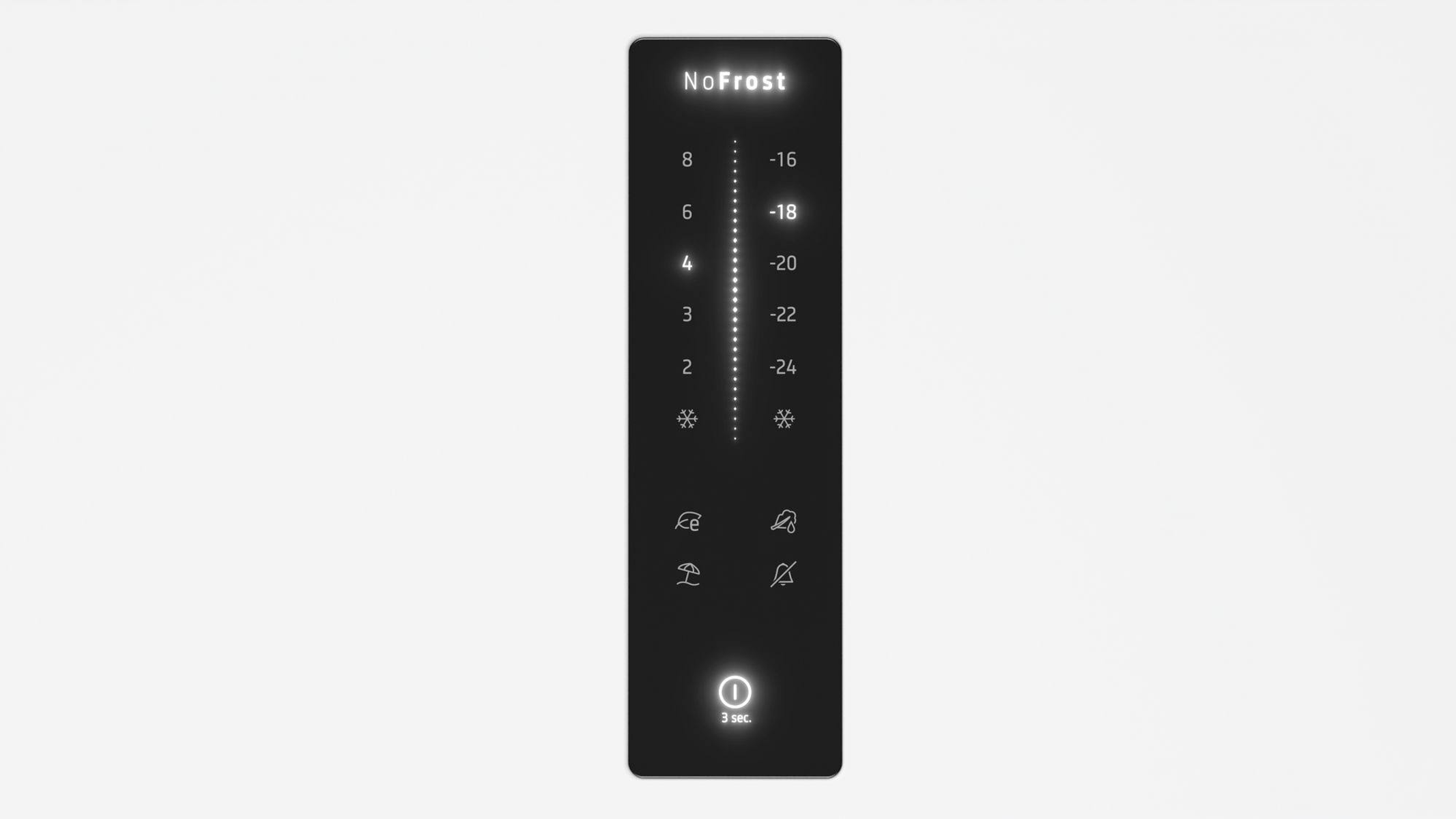 Un panel de control de nevera negro con ajustes iluminados sobre fondo blanco.