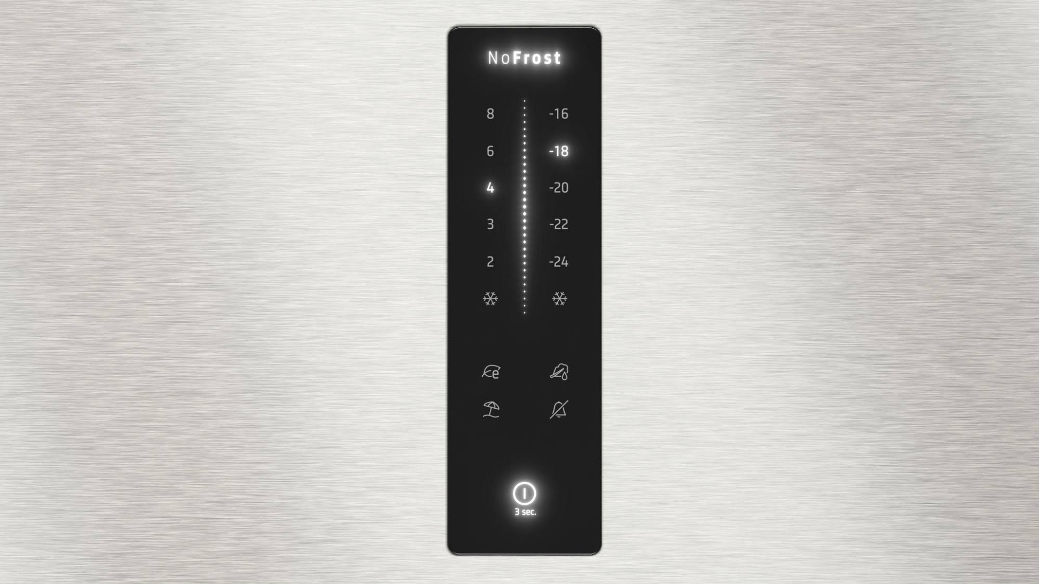 Panel de control del refrigerador. Negro con pantalla de temperatura y botones.