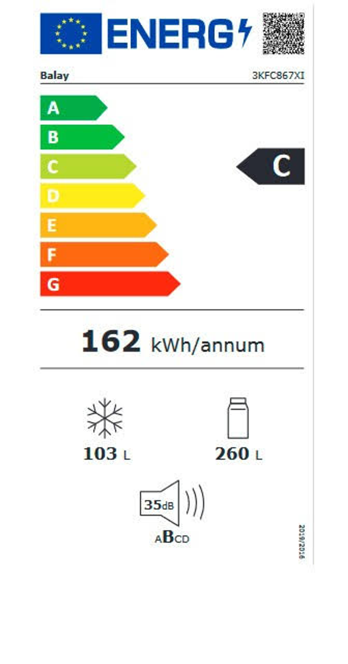 Etiqueta energética de nevera, mostrando eficiencia energética.
