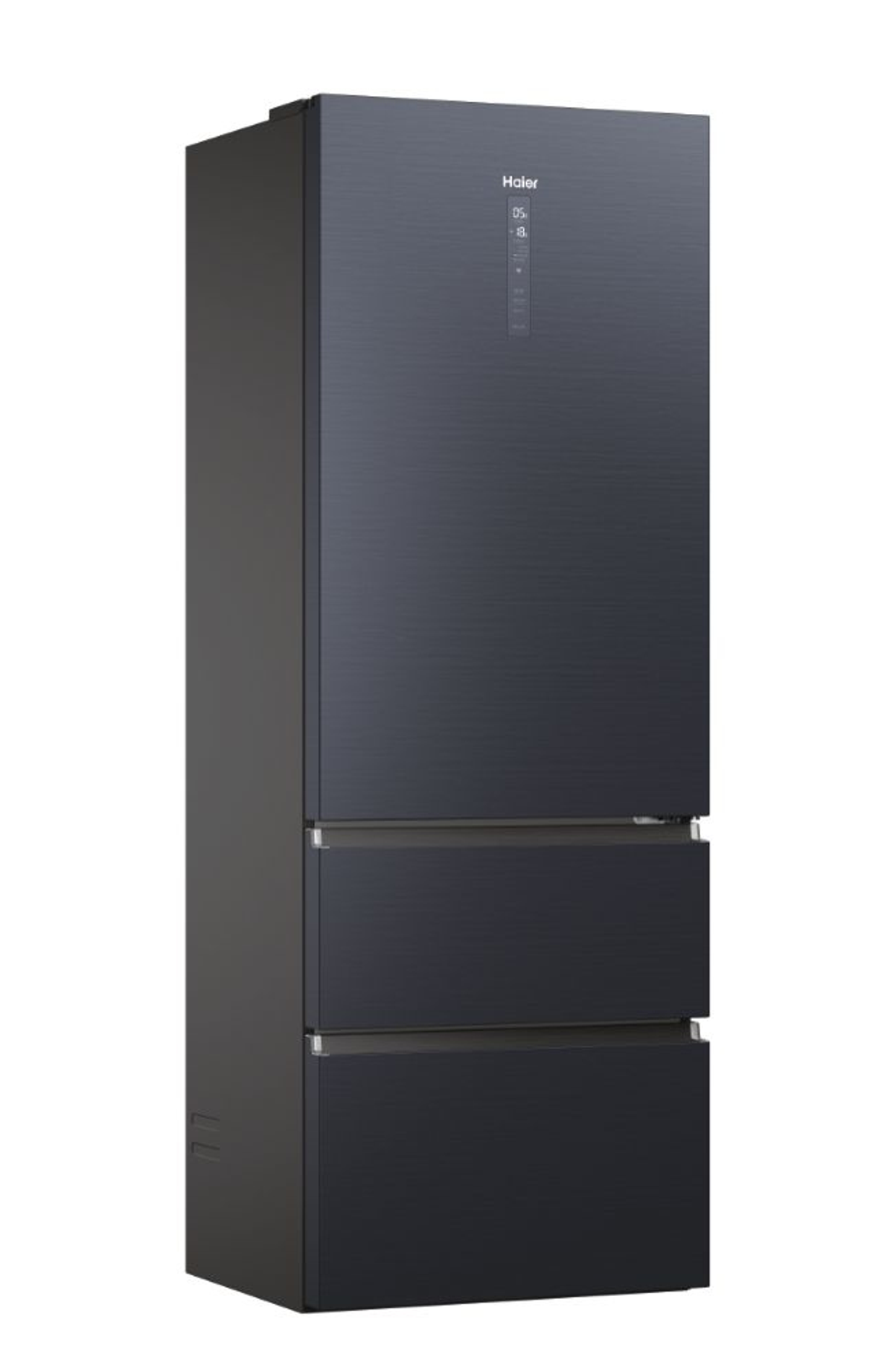 Refrigerador negro con dos cajones inferiores. Tiene el logotipo de Haier y una pantalla digital en la puerta.