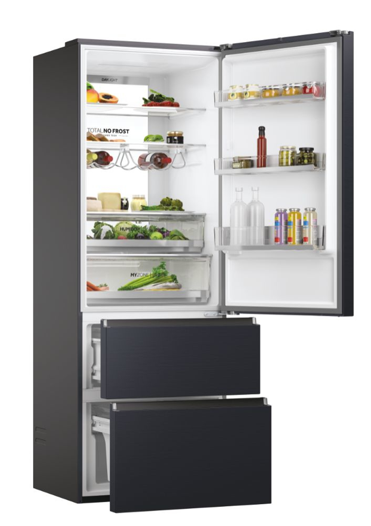 Un refrigerador gris oscuro con dos cajones abiertos, mostrando los estantes y cajones interiores.