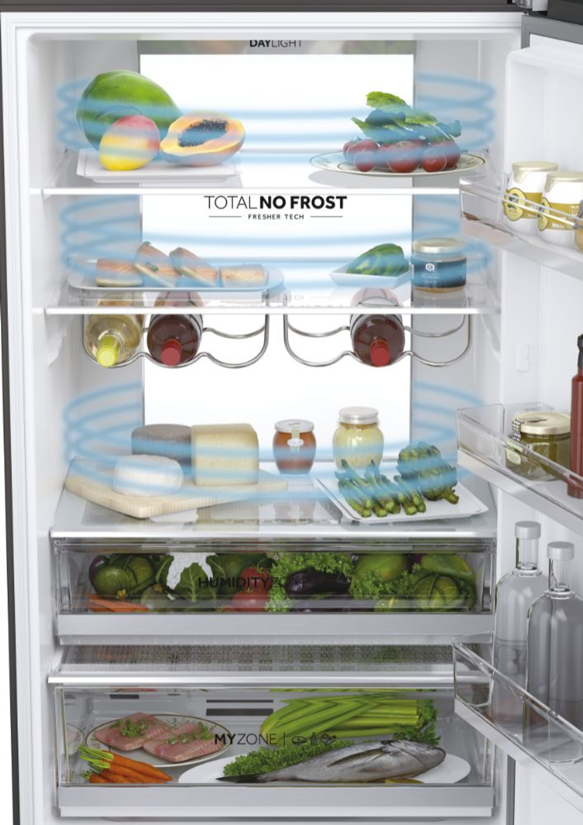Refrigerador abierto, frutas y verduras en cajones, estantes con alimentos, líneas de flujo de aire azules.
