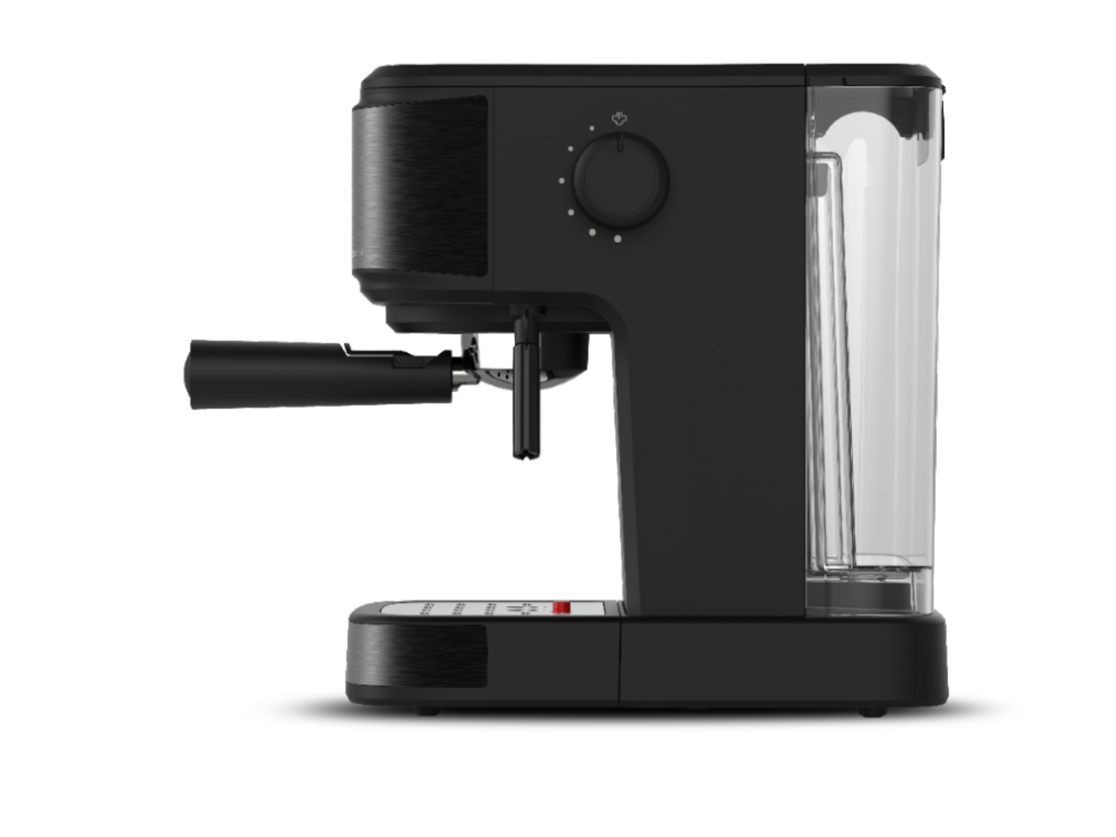 Czarny ekspres do kawy ze zbiornikiem na wodę po prawej stronie, widok z boku.