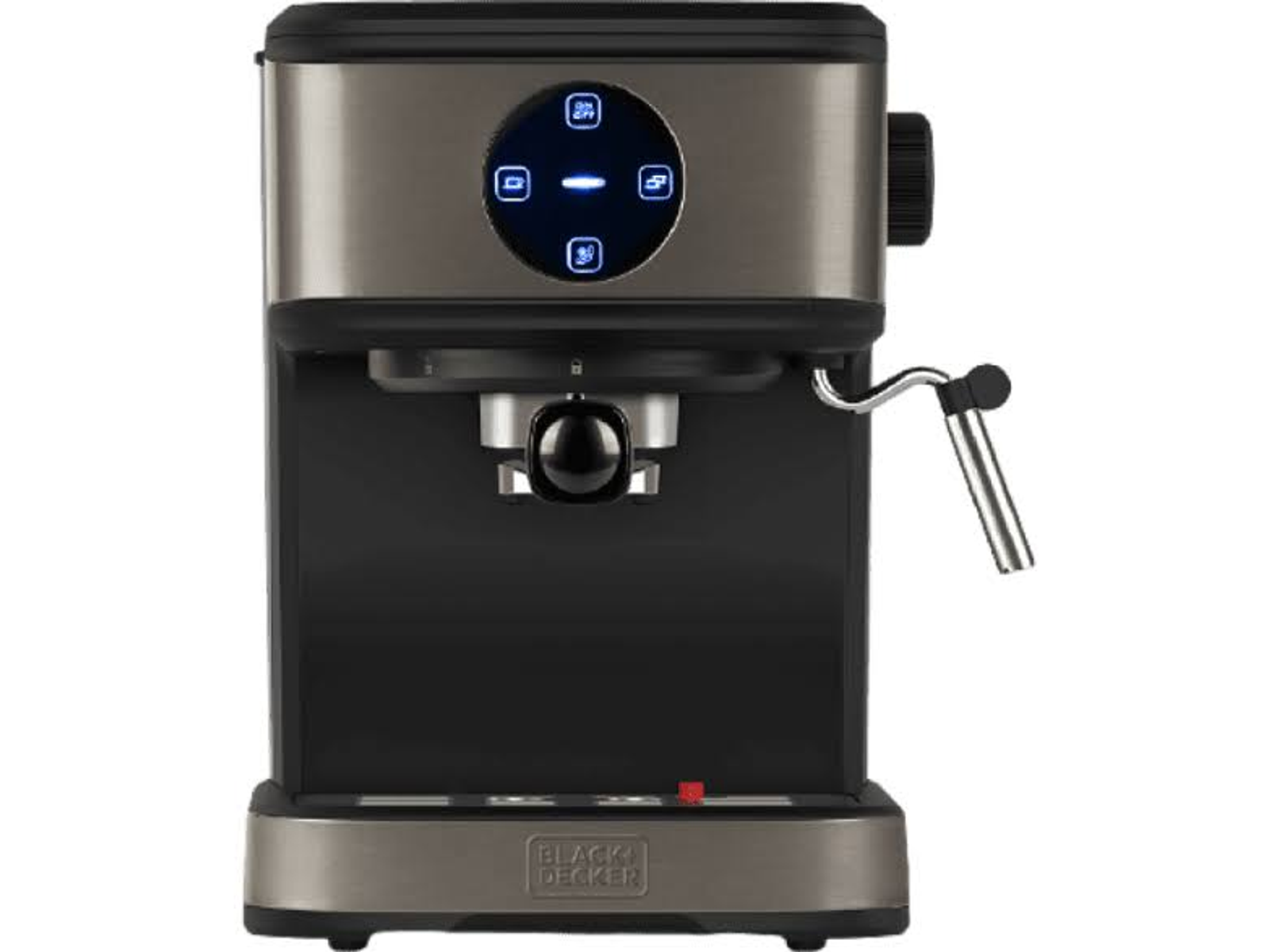 Czarny i srebrny ekspres do kawy z wyświetlaczem cyfrowym i dyszą do spieniania mleka.