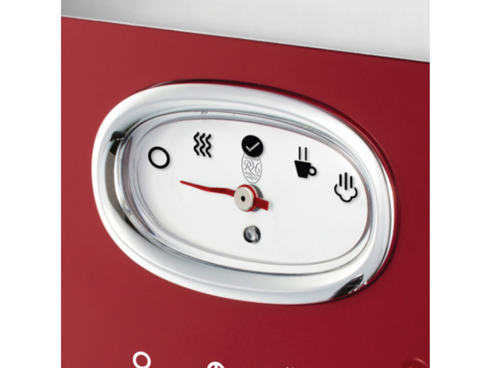 Rotes Geräte-Zifferblatt. Weißes ovales Zifferblatt mit Symbolen. Silberner Rand und roter Zeiger.