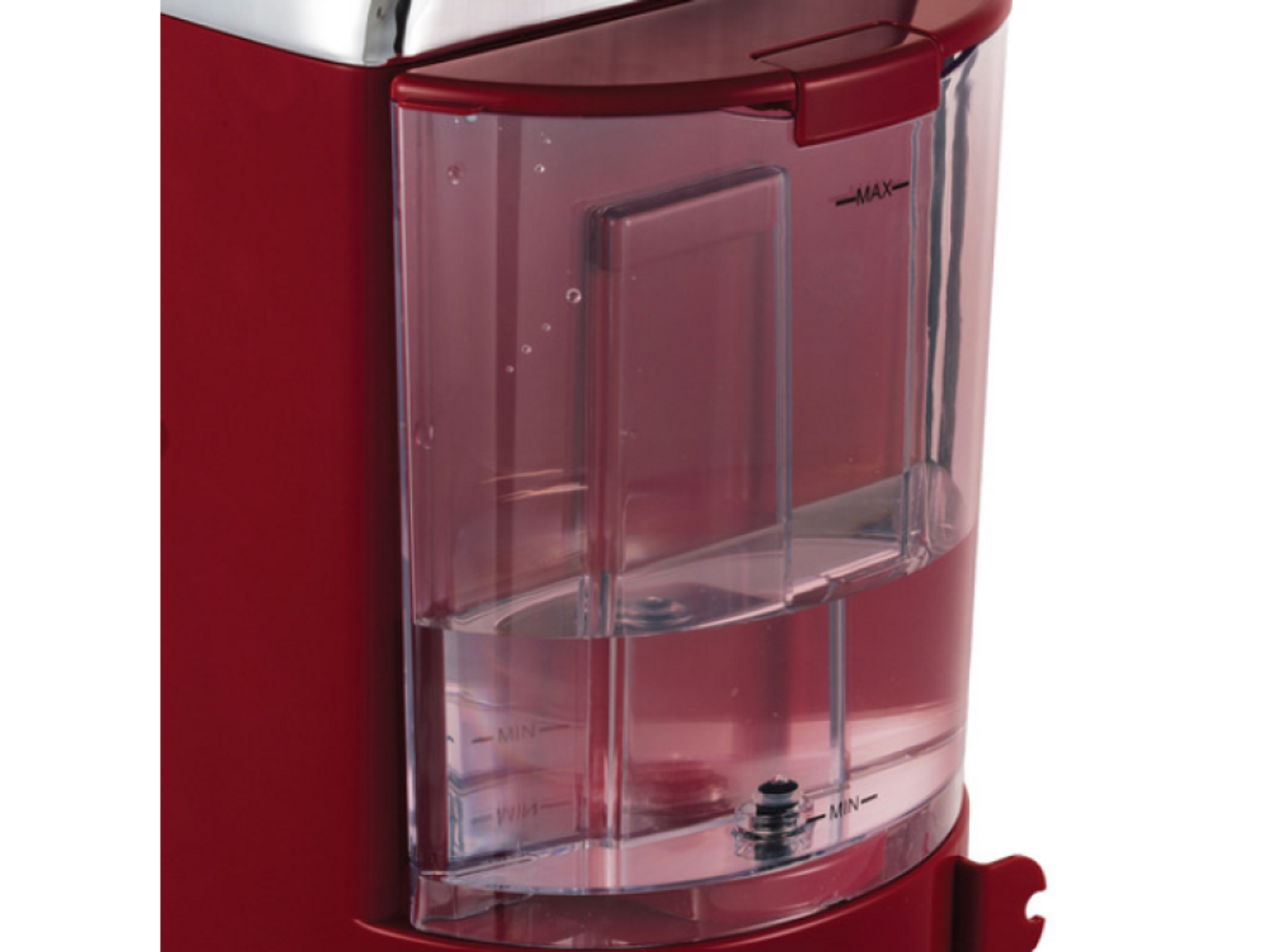 Roter Kaffeemaschinen-Wassertank. Nahaufnahme, mit Wasserstandsanzeigen.
