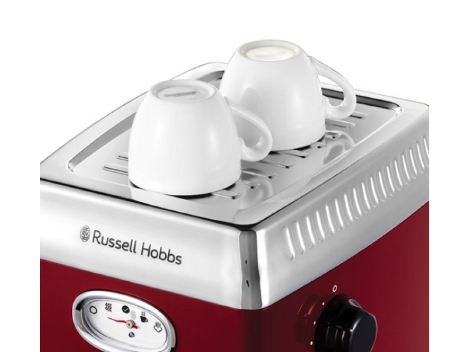 Rote und silberne Espressomaschine mit zwei weißen Tassen oben drauf.