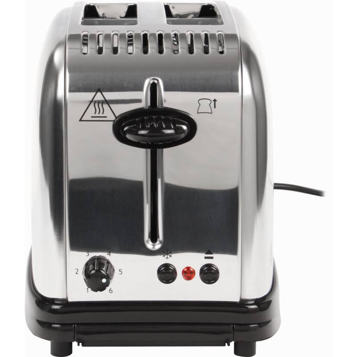 Srebrny i czarny toster z pokrętłem, przyciskami i symbolem zagrożenia. Czarna podstawa.