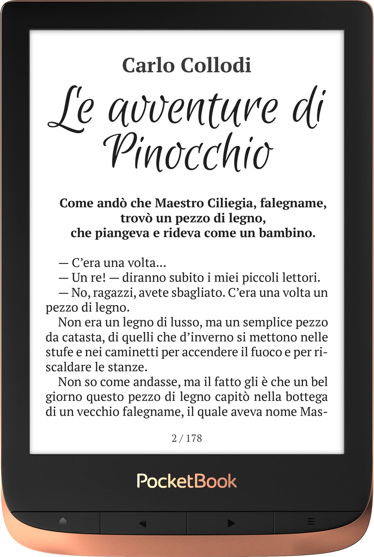 Ein E-Book-Reader, der Text aus 'Le avventure di Pinocchio' anzeigt. Das Gerät hat ein schwarzes Gehäuse und einen goldenen Rand.