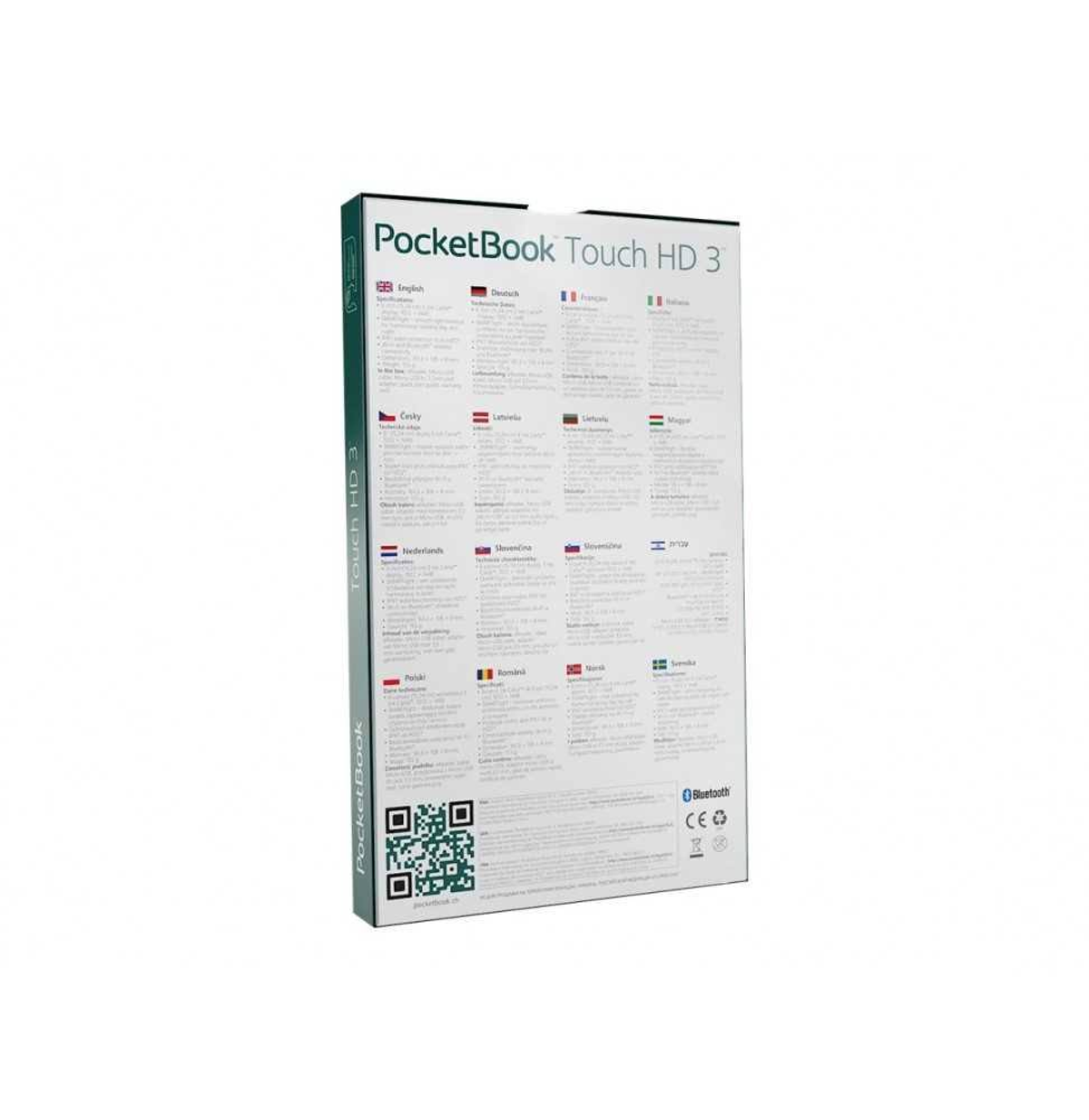 Eine weiße und grüne E-Reader-Box mit Text in mehreren Sprachen und einem QR-Code an der Seite.