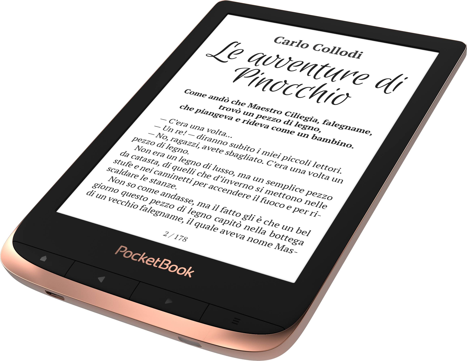 E-Reader mit Text, roségoldener Rahmen, zeigt das Buch 'Le avventure di Pinocchio'.