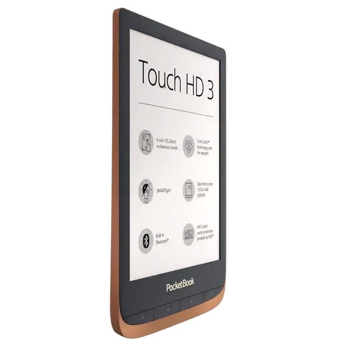 E-Reader mit Kupferrahmen, Bildschirm zeigt Text und Symbole. Ein modernes, tragbares Gerät.
