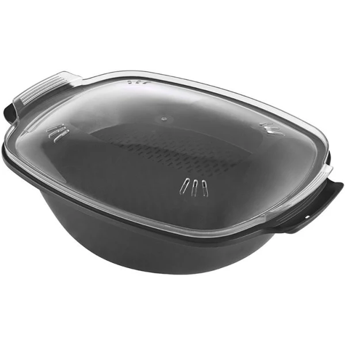 Un recipiente de comida negro, de forma ovalada, con una tapa transparente.