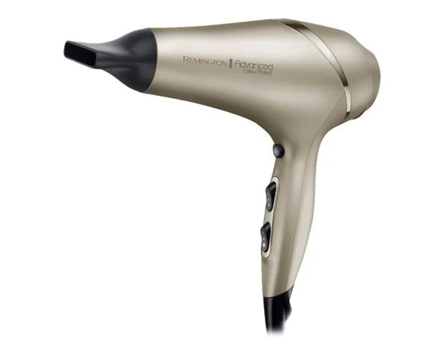 Złota suszarka do włosów Remington Advanced Cool Protect. Ma czarne przyciski i dyszę.
