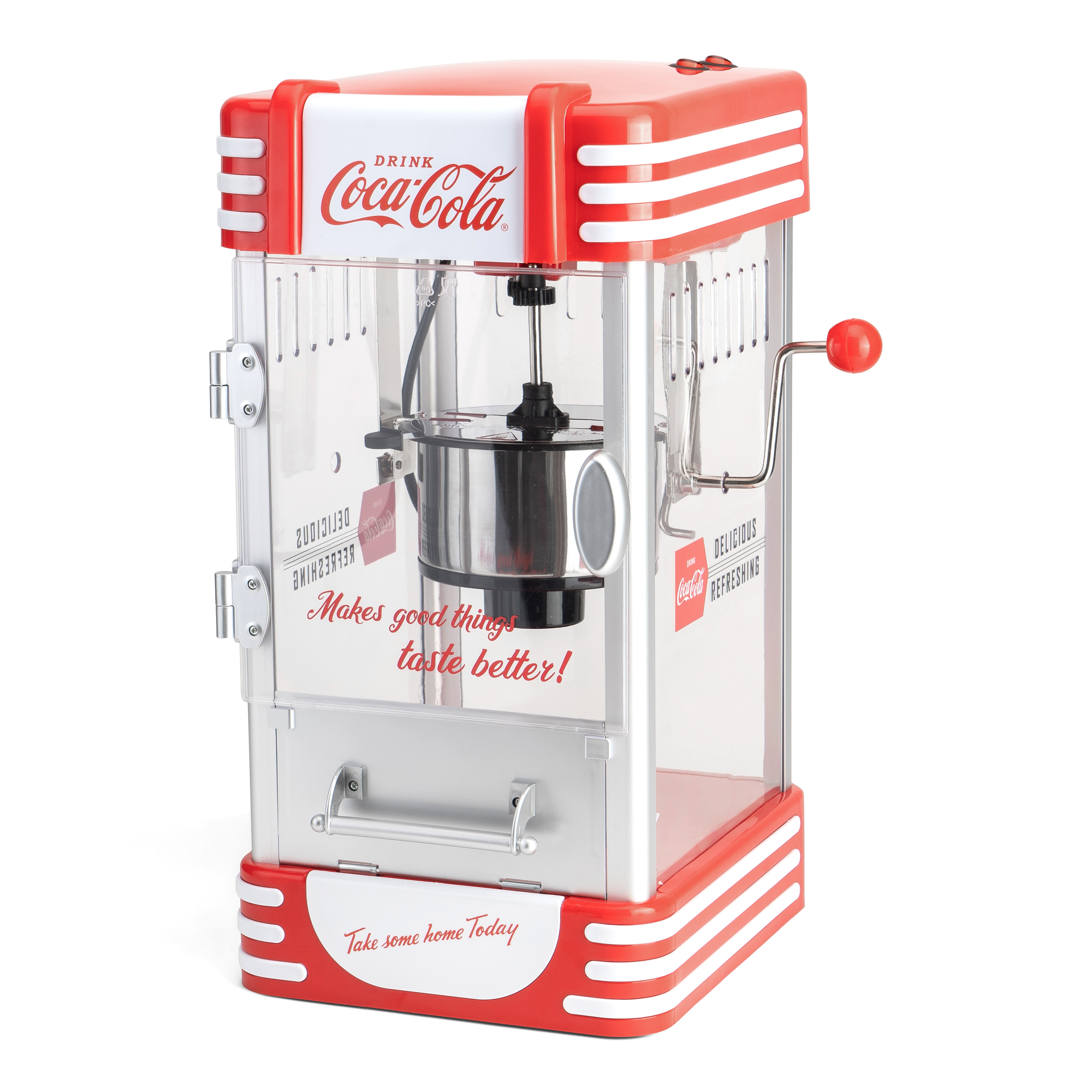 Retro Coca-Cola Popcornmaschine. Rot und weiß, transparente Front, Griff.
