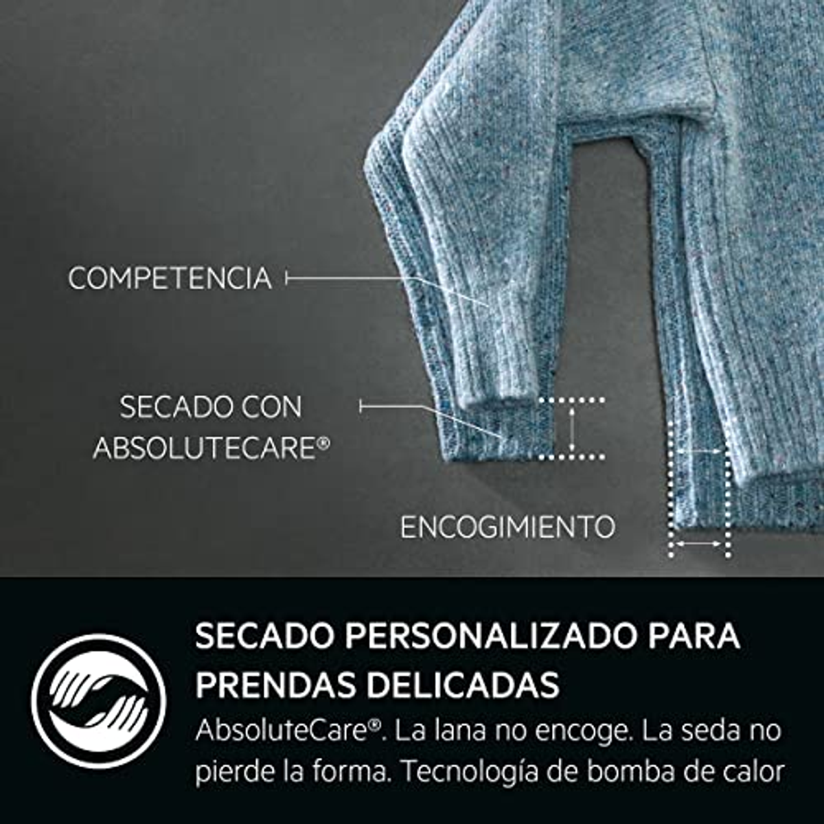 Niebieski sweter z tekstem opisującym AbsoluteCare dla delikatnych tkanin, bez kurczenia się.