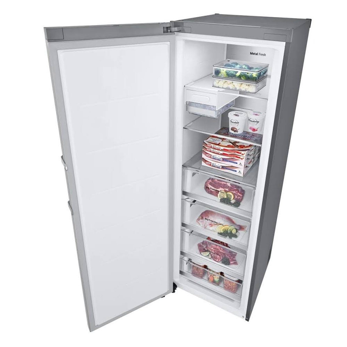 Congelador abierto, mostrando cajones llenos de alimentos congelados. Exterior gris, interior blanco, bien organizado.