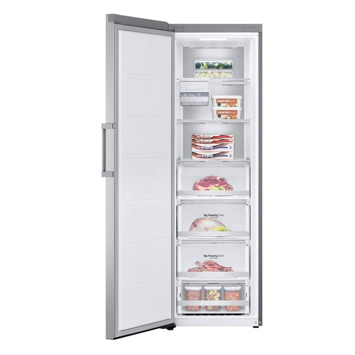 Congelador LG abierto mostrando cajones con alimentos. La puerta está abierta.