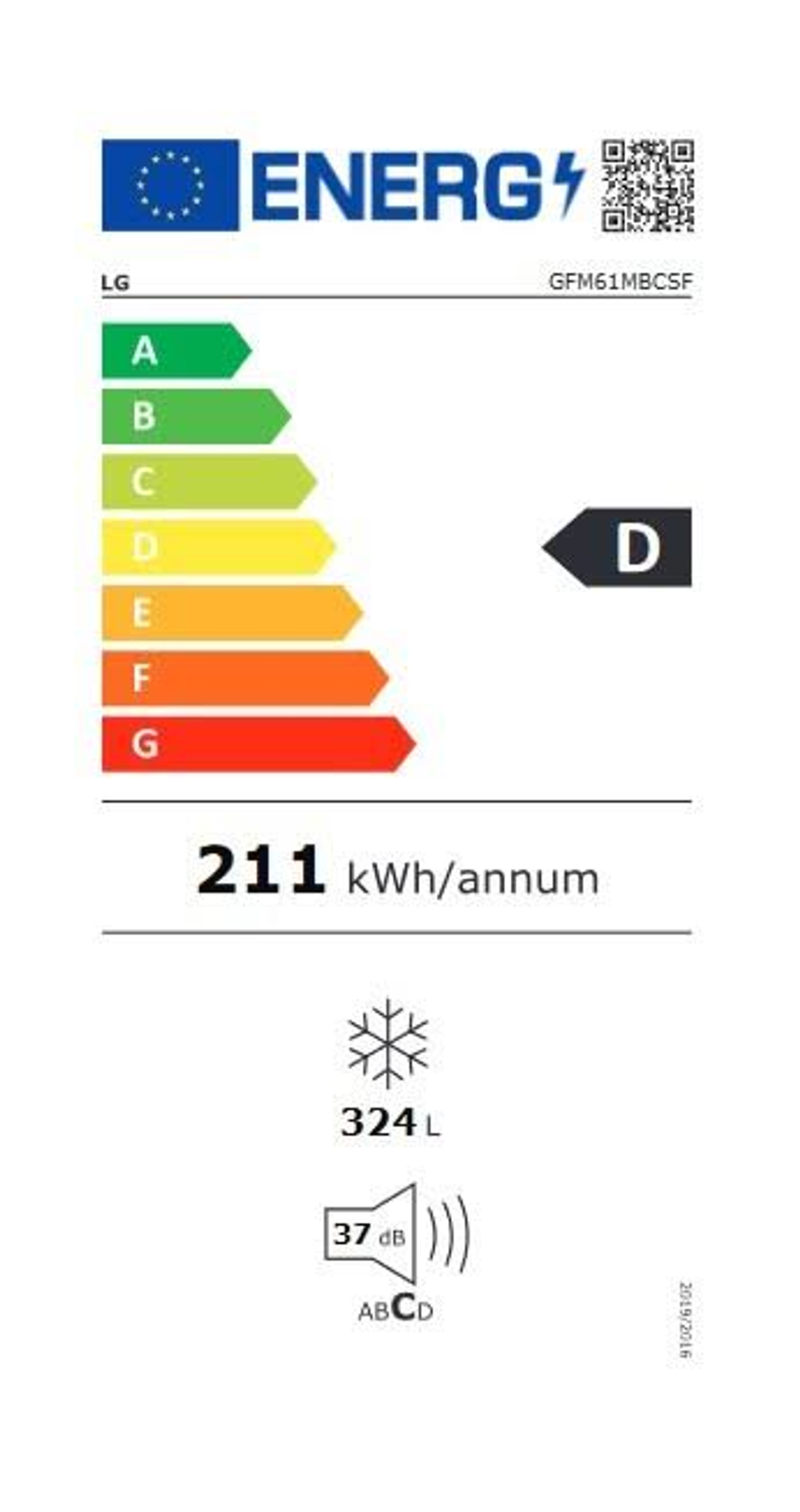 Etiqueta energética de nevera. Muestra clase D, 211 kWh/año, 324L y 37dB.