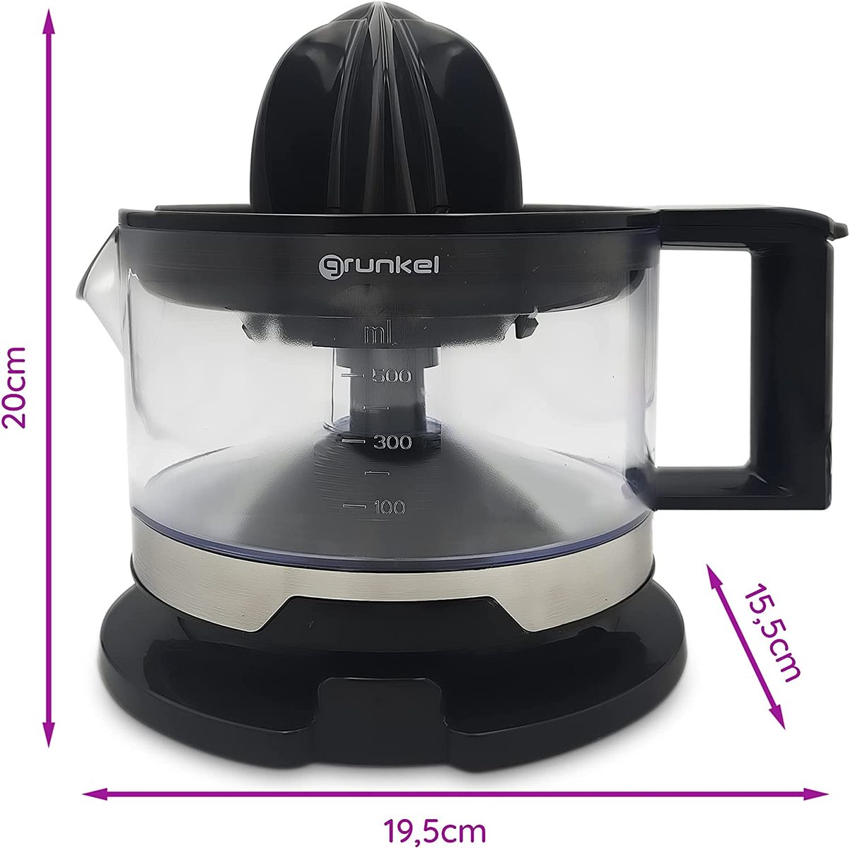 Spremiagrumi elettrico nero e trasparente. Dimensioni visibili.