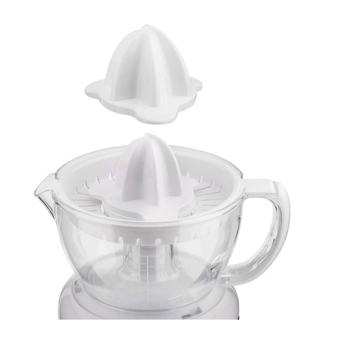 Uno spremiagrumi bianco con due parti: un cono per spremitura e un contenitore trasparente. Un cono è sopra lo spremiagrumi.