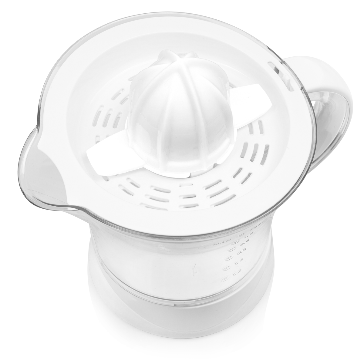 Un exprimidor de cítricos blanco, vista superior, que muestra el exprimidor, el colador y el recipiente transparente.