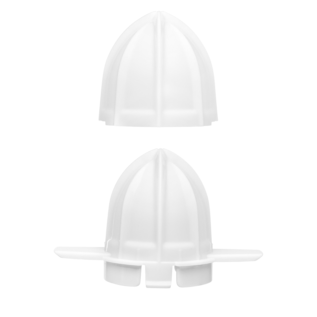 Dos conos blancos para exprimidor de cítricos. El superior al revés.
