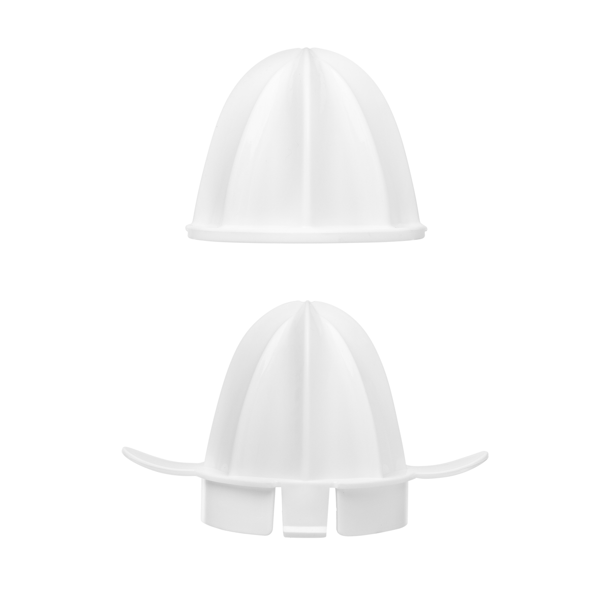 Dwie białe plastikowe części wyciskarki do cytrusów na białym tle.